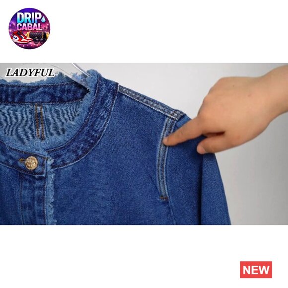 Cropped Denim Jacket Distressed Frayed Collarless Trendy Y2K Chic Button Down - Picture 5 of 5